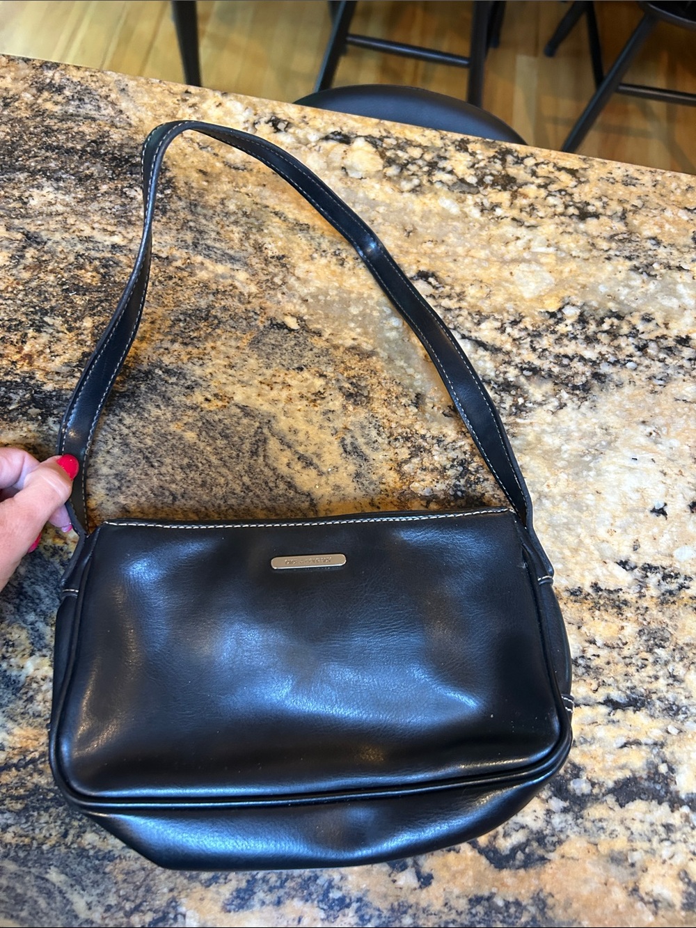 Nine West Black Leather Shoulder Bag with Metal Logo Plaque